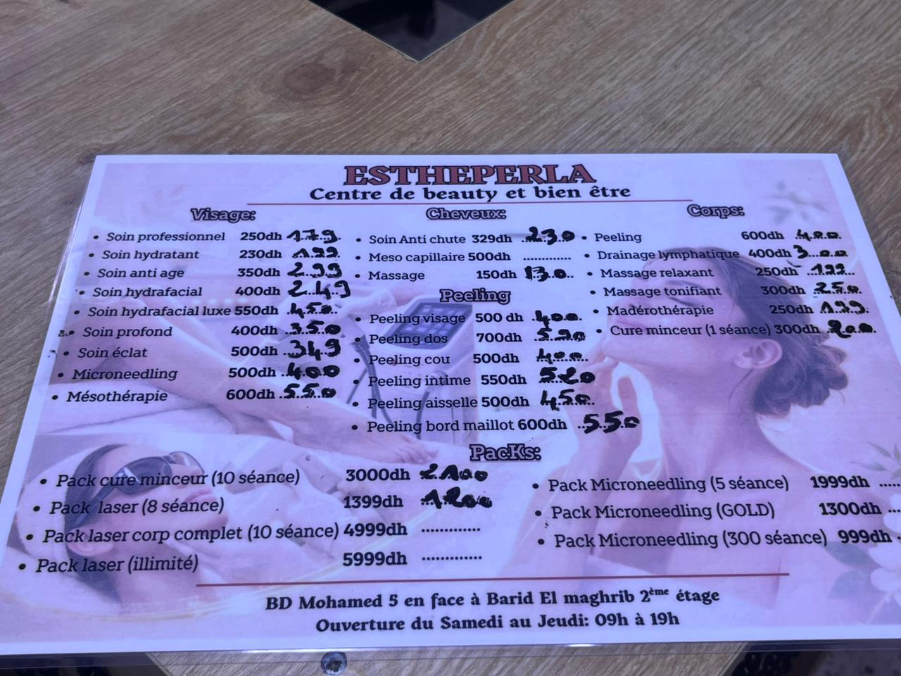 Menu et tarifs ESTHEPERLA